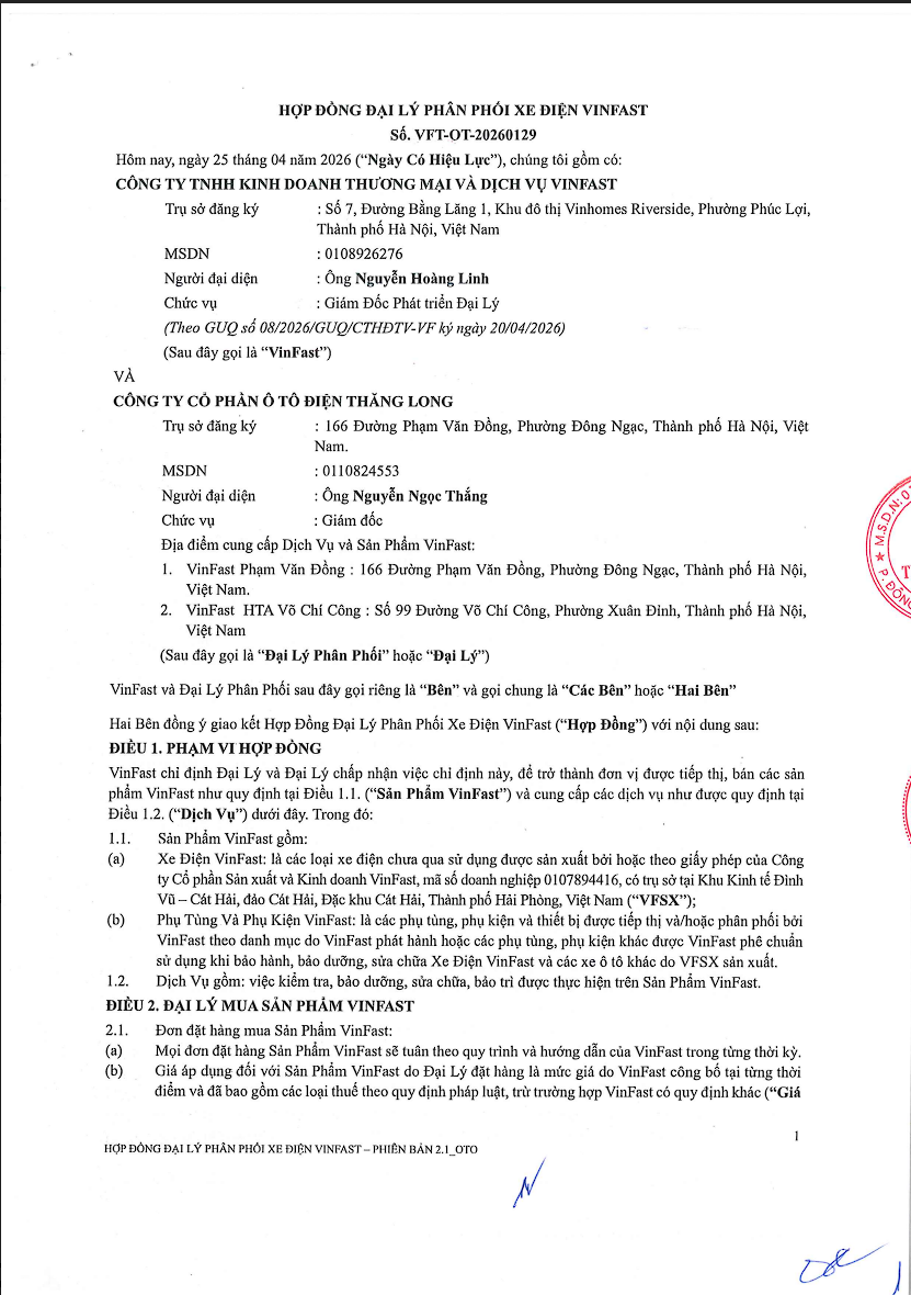 Hop dong dai ly phan phoi xe dien VinFast - VinFast Pham Van Dong